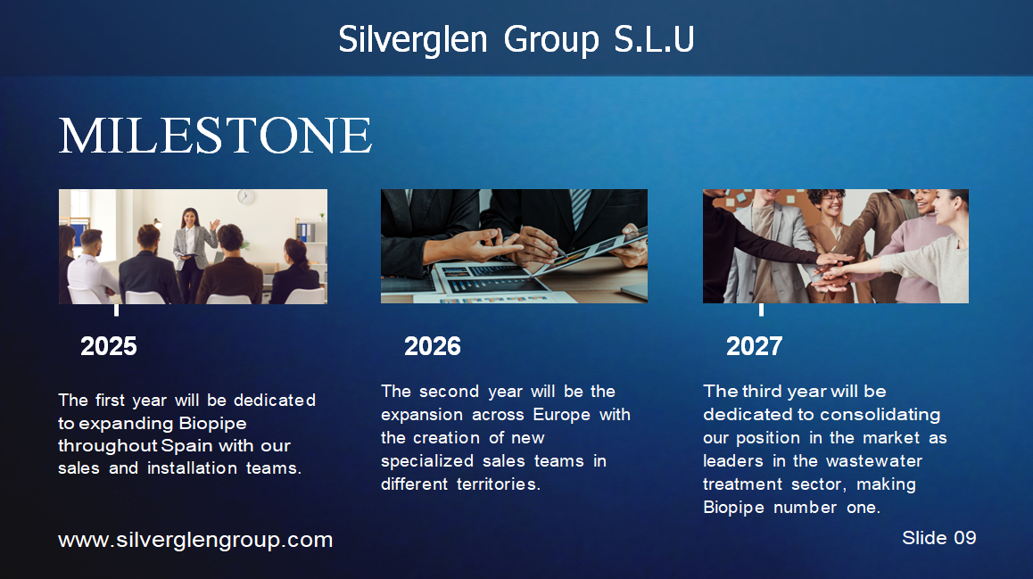 Silverglen Group S.L.U PERFIL DE LA EMPRESA ÍNDICE 03 – Sobre la empresa 04 – Nuestra visión 05 – Nuestra misión 06/07 – Nuestros servicios 08 – Nuestro equipo 09 – Hitos 10 – Análisis de mercado 11 – Gracias SOBRE LA EMPRESA Fundada en 2020, Silverglen Group S.L.U es un proveedor líder de servicios de consultoría y asesoría en comercio internacional y comercio global en el Principado de Andorra. Con más de 25 años de experiencia, hemos desarrollado una profunda experiencia en la gestión de las complejidades del comercio transfronterizo y en ayudar a nuestros clientes a tener éxito en el mercado global. NUESTRA VISIÓN Aspiramos a ser un socio estratégico de confianza para nuestros clientes, ayudándoles a alcanzar sus objetivos y maximizar su potencial. Nuestro enfoque se centra en la satisfacción del cliente, la calidad de nuestros servicios, la innovación y la mejora continua. NUESTRA MISIÓN Convertirnos en una de las principales referencias del mercado global, proporcionando soluciones innovadoras y de alta calidad. Queremos ser reconocidos por la excelencia de nuestro servicio, nuestro compromiso con la ética y la responsabilidad social. NUESTROS SERVICIOS Estrategia de entrada al Mercado Estudios y análisis de mercado Planes personalizados de entrada Asesoramiento sobre normativas y aranceles Soporte de exportación/Importación Identificación de socios internacionales Asesoría en logística y aduanas Cumplimiento normativo Gestión de la Cadena de suministro Global Optimización de la cadena de suministro Gestión documental y aduanera Mitigación de riesgos Expansión Internacional Evaluación de oportunidades de crecimiento Asistencia en inversión extranjera directa Formación cultural y gestión del cambio NUESTRO EQUIPO V. Trajano de las Heras – Presidente Daniel Zinghini – Vicepresidente HITOS 2025 – Expansión de Biopipe en España 2026 – Expansión en Europa 2027 – Consolidación como líderes del sector ANÁLISIS DE MERCADO Definir objetivos claros Conocer el panorama competitivo Segmentar el mercado Crear una propuesta de valor Implementar un plan de marketing Controlar costes y maximizar ingresos Innovar constantemente Analizar resultados GRACIAS Contacto: +376 396283 info@silverglengroup.com Ciutat de Consuegra n.º 5, AD500, Andorra la Vella Principado de Andorra